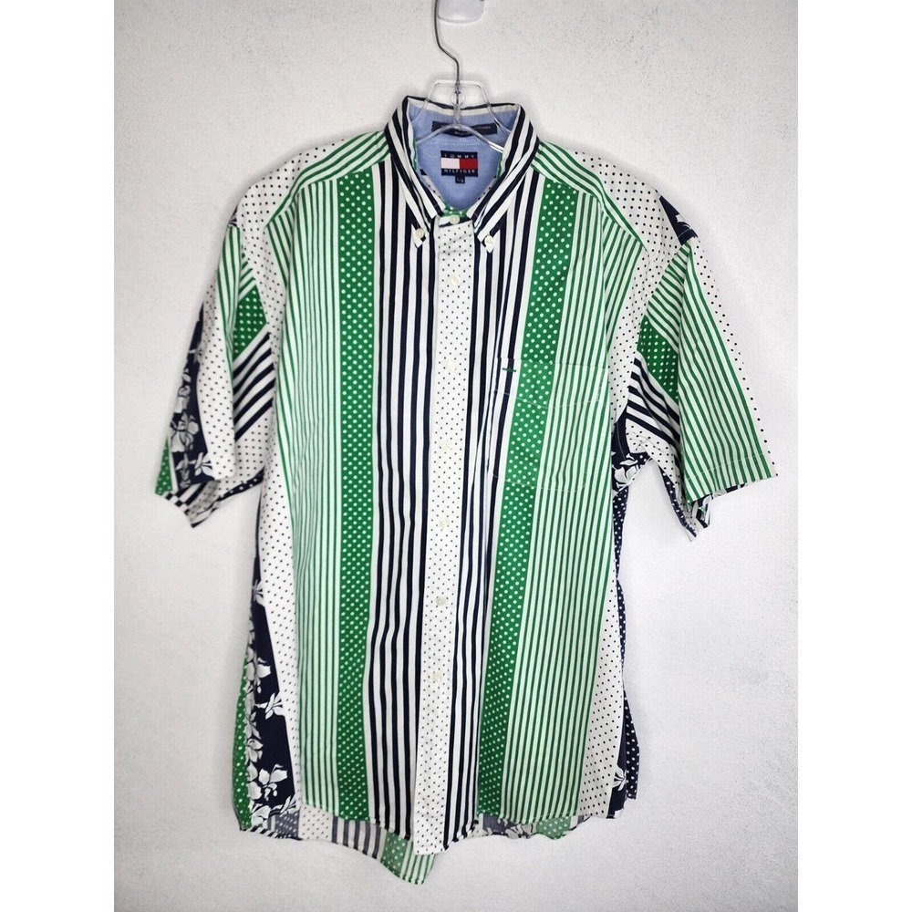 Tommy Hilfiger Polka Dot Striped Button Up Short Sleeve Floral Shirt Mens L VTG - Picture 2 of 10